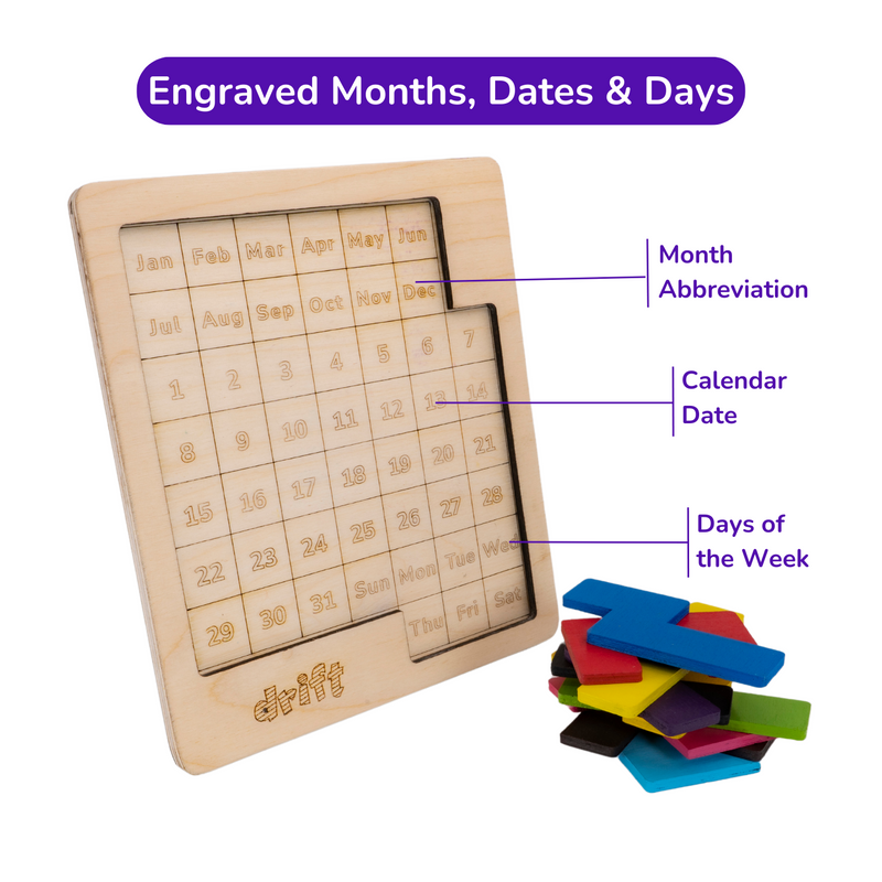 Drift Weekday Calendar Puzzle wooden material engraved months dates and days