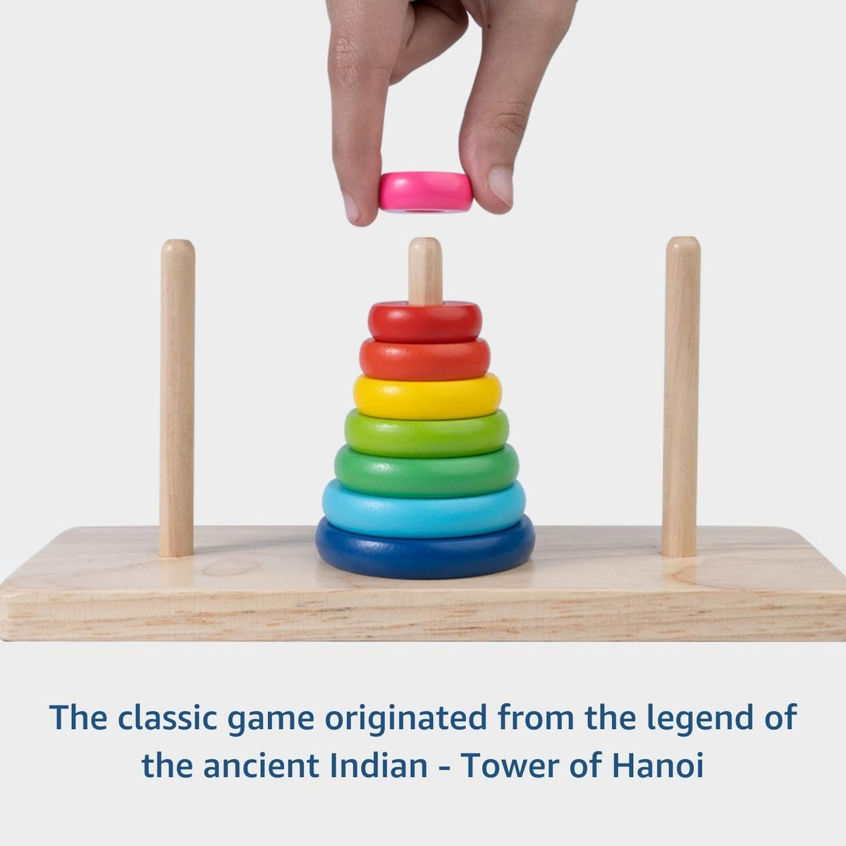 Torre Di Hanoi In Legno Per Bambini 3-6 Anni - Gioco Impilabile Rainbow Tower Con 10 Anelli Colorati, Giocattolo Educativo Per Logica E Coordinazione - 2